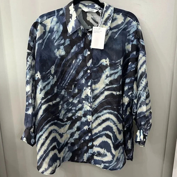 NWT & other stories Printed Voluminous Blouse Blue Button Up Shirt Size Large - Picture 2 of 8
